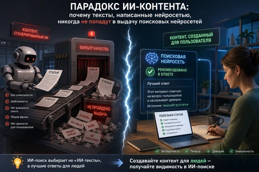Парадокс ИИ-контента: почему тексты, написанные нейросетью, никогда не попадут в выдачу поисковых нейросетей